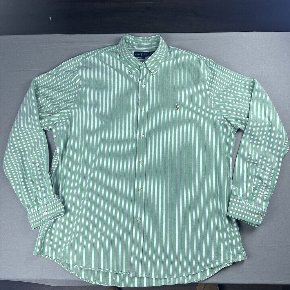 Polo Ralph Lauren Shirt Men 2XL Green Striped Long Sleeve Classic Fit Flesh Pony
